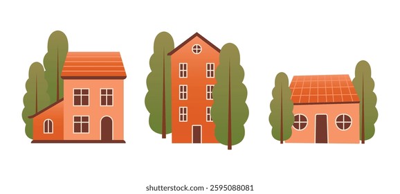 Vector illustrations with summer village houses and green trees. Flat naive style. Rural buildings. Cartoon cute architecture. Cliparts for card, banner, sticker, icons. Summertime.	