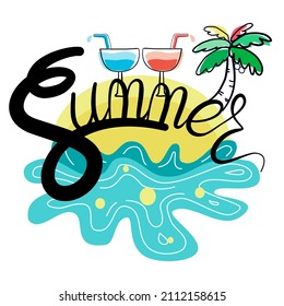 Vector illustrations sun, coconut trees, cocktails designed in a summer themed doodle style for postcards, t-shirt designs, pillow designs, logos, stickers, fabric prints and more.
