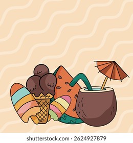 Vector Illustrations sun, watermelon, ice cream. For invitations, fabric, textile, linens, posters, prints, banners