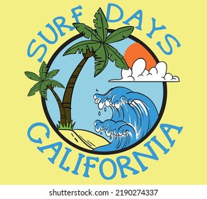 vector illustrations with surfing and palm tree  for t-shirts