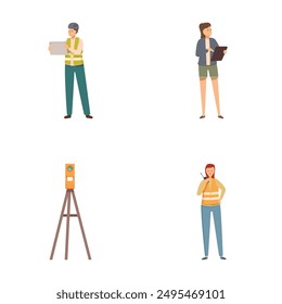 Vector illustrations of surveyors with tools and equipment for construction and land measurement