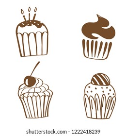 Vector illustrations of sweets. Set of different kinds of cupcakes decorated with candies, fruits and cream. Logo, icon, symbol design.