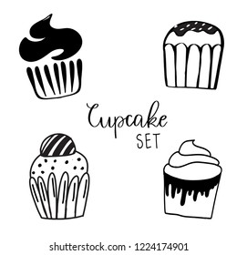 Vector illustrations of sweets. Set of different kinds of cupcakes decorated with candies, fruits and cream. Logo, icon, symbol design.