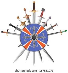 Vector illustrations of swords cross crosswise with shield.