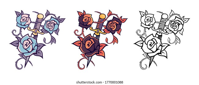 Vector illustrations of swords with flower elements. Patterns with roses. Template for tattoos. Modern graphic prints for t-shirts in black and white and color style. Hand drew the design.