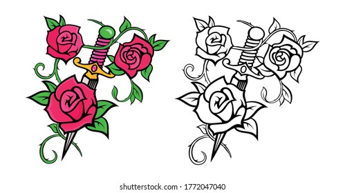 Vector illustrations of swords with flower elements. Patterns with roses. Template for tattoos. Modern graphic prints for t-shirts in black and white and color style. Hand drew the design.