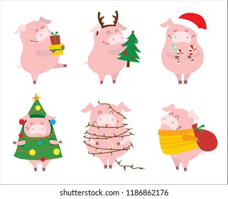 Vector illustrations of the symbol of the year - yellow pigs with christmas gifts and christmas greetings