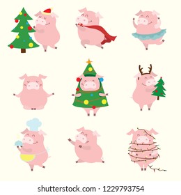 Vector illustrations of the symbol of the year - yellow pigs with christmas gifts and other things