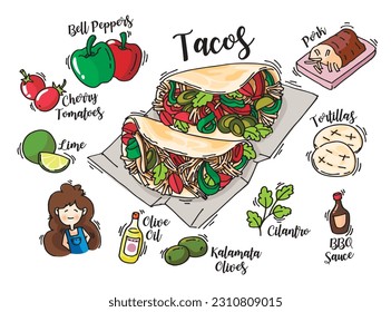 Ilustraciones vectoriales de tacos con ingredientes