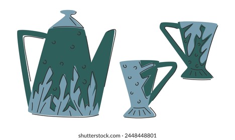 Vector illustrations for tea drinking. Green and blue color scheme. Teapot and mugs of elongated shape. Plant decorative ornament