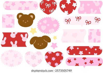 Vector illustrations of teddy bear, puppy, ribbon, heart pattern for cartoon characters, comic, text bubbles, pet shop, vet, zoo, souvenir shop, animal, text, message, chat, stickers, Valentine's Day