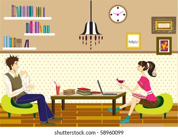 vector of illustrations. Teenagers studying in cafe.