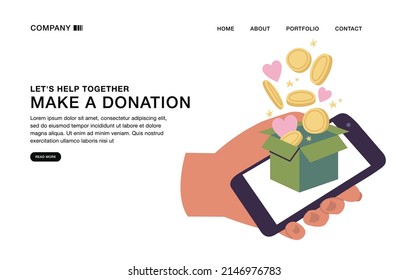 Vector Illustrations template design of landing page concept of donation and charity via mobile phone 