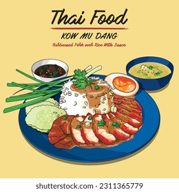 Vector illustrations of Thai Food, Rice Dish (Kow Mu Dang)