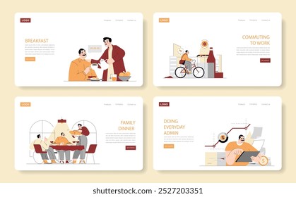 Vector illustrations that depict various modern activities, such as dining, cycling, and teamwork among people