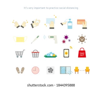 Vector illustrations that promote hand disinfection and social distance during shopping. Social distance. mask