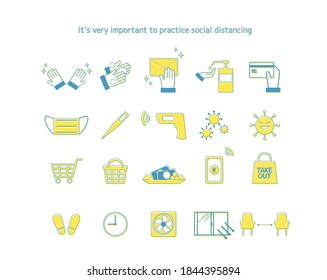 Vector illustrations that promote hand disinfection and social distance during shopping. Social distance. mask