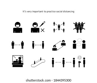 Ilustraciones vectoriales que promueven la desinfección manual y la distancia social durante las compras. Distancia social. Máscara