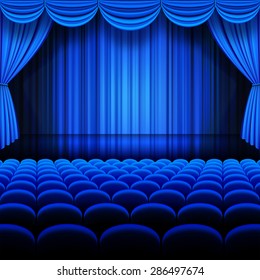 A vector illustrations of a Theater stage with blue Full Stage Curtains