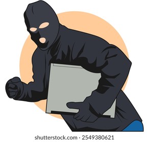 Vector illustrations thief holding laptop. Burglar in action. Hacker doing cybercrime activity. Gangster doing criminal activity take electronic tools. Roober steal computer. Fit for criminal news.