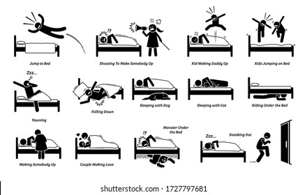 Vector Illustrations Of Things That People Do On Bed. Cliparts Depict Man Jumping Onto The Bed. Angry Wife And Noisy Kids Waking Up A Person. People Sleeping With Cat And Dog. Monster Hide Under Bed.