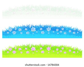 Vector illustrations of three differently colored grass and lawn design elements with beautiful flowers.