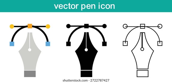 Ilustraciones vectoriales de tres plumas de pluma estilográfica en diferentes colores y etapas de diseño.