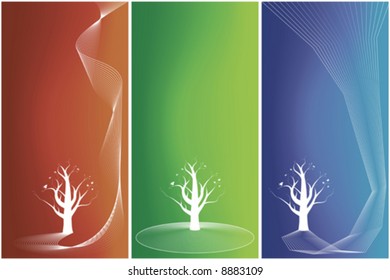 Vector illustrations of three gradient mesh backgrounds with floral and lined art: blue - edgy, red - flowing, green - circles.