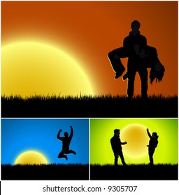 Vector illustrations of three sunset and sunrise backgrounds with different themes: business success, melancholic romance and friendship or family love.
