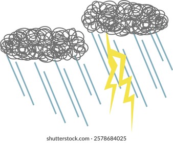 Vector illustrations of thunder, rain clouds, heavy rain, and thunderstorms