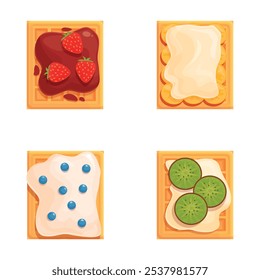 Ilustraciones vectoriales de tostadas con chocolate, mantequilla, queso crema y cobertura de kiwi