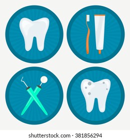 Vector illustrations of the tooth with carries, healthy tooth, toothbrush and toothpaste, oral mirror and dental scraper. Set of round icons for a dental clinic.