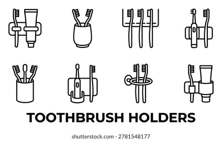 Vector illustrations of toothbrush holders and toothpaste, showcasing dental hygiene tools and bathroom accessories.