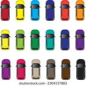 Vector illustrations of a top view of vehicles in different colors