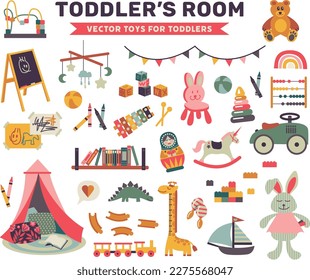 Vector illustrations of toys for todler. Baby room decoration, playtime, boys and girls, books, teddy bear. Isolated illustrations on a white background