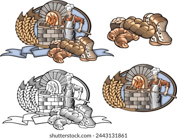 Vector illustrations of a traditional baker character, a fire oven and an abundance of baked breads, done in retro woodcut style. Color and ready-to-cut black and white versions available. 