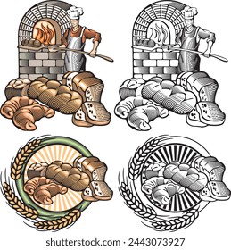 Vector illustrations of a traditional baker, a fire oven and an abundance of baked breads, done in retro woodcut style. Color and ready-to-cut black and white versions available. 