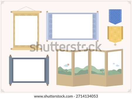 Vector illustrations of traditional Korean scrolls and folding screens.