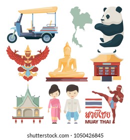 Vector illustrations of traditional landmarks of Thailand with Muay Thai text. Travel and tourism, traditional asia culture, temple and panda animal