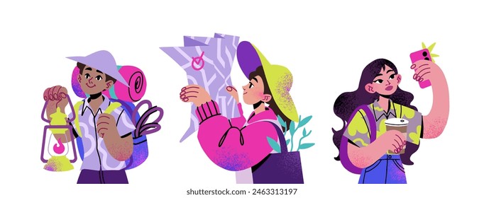 Ilustraciones vectoriales de viajeros. Una chica con camisa hawaiana se toma un selfie, un turista mira un mapa, un tipo con una lámpara y una mochila viaja a través del bosque.