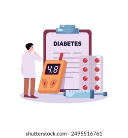 Vector illustrations for the treatment of diabetes: glucose meters, insulin syringes and medicines. Devices for monitoring and controlling sugar levels