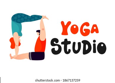 Ilustraciones vectoriales en diseño de dibujos animados de moda. Hombre y mujer practicando asana de yoga en pareja. Concepto de estudio de yoga, bienestar, estilo de vida y pasar tiempo juntos.
