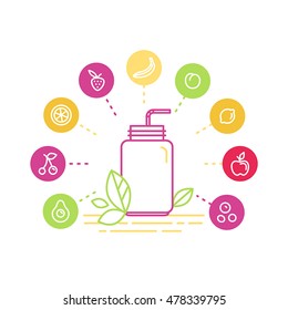 Vector illustrations in trendy linear style - healthy smoothie infographics design elements - jar with fruits and vegetables