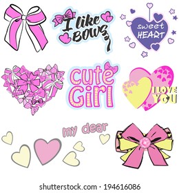 Vector illustrations of trendy prints for clothes for girls and woman (can be used as prints for shirts, briefs, pants, pajamas, underwear and another wear). Compositions with bows, hearts and fonts