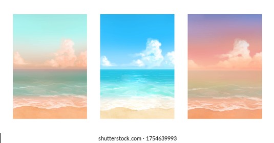 Vector illustrations of tropical beach in various scenes. Set of hand painted watercolor background.