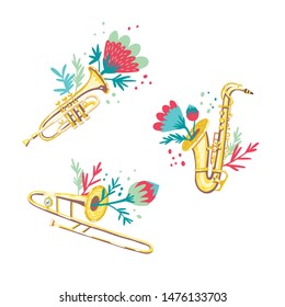 Vector illustrations of trumpet, saxophone and trombone, decorated with flowers. Classical musical instruments. Isolated objects. White background