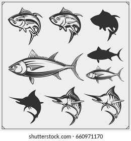 Vector illustrations of Tuna and Marlin. Monochrome design.