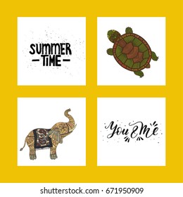 Vector illustrations with turtle, elephant and lettering phrases.Set of summer tropical postcards with detailed tropical illustrations and handdrawn lettering quotes. 