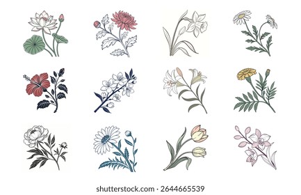 Vector illustrations of twelve delicate flower sprigs including lotus hibiscus chrysanthemum and more