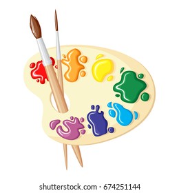 Vector illustrations of two cartoon paintbrushes and palette of paints seven colors of rainbow